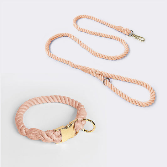 Handmade Rope Dog Collar and Leash Set - (Leather pink)